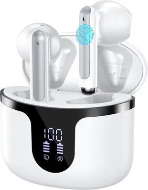 BHNYBWUL Wireless Earbuds Bluetooth Headphones 5.3 Stereo 50 Hour Playback Ear Buds with LED Display and with 4 ENC Noise Cancelling Mic Wireless Earphones, for Phone, Tablet, Laptop, Sports, White