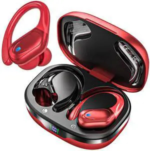 Catitru Wireless Earbuds Bluetooth Headphones 80H Playback Ear Buds Power Display with Noise Canceling Mic with Earhooks for Sports/Workout - Red