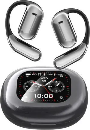 BUABMEQ Intelligent Touch Screen Open Ear Earbuds Ultra Comfort Bluetooth 5.4 Bone Conduction Headphones Over The Earbuds with Ear Hooks IPX7 Waterproof for Running Fitness Sport Workouts,Grey7