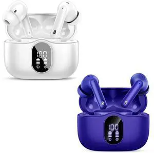2 Sets Wireless Earbuds, Bluetooth 5.3 Headphones Bass Stereo, Ear Buds with Noise Cancelling Mic LED Display, IP7 Waterproof in Ear Earphones, 36H Playtime for Laptop Pad Phones, White+Dark Blue