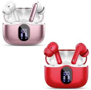 2 Sets Wireless Earbuds, Bluetooth 5.3 Headphones Bass Stereo, Ear Buds with Noise Cancelling Mic LED Display, IP7 Waterproof in Ear Earphones, 36H Playtime for Laptop Pad Phones, Rose Gold+Red