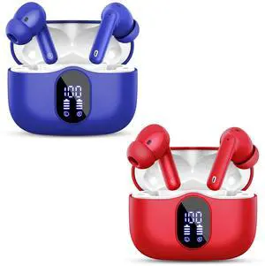 2 Sets Wireless Earbuds, Bluetooth 5.3 Headphones Bass Stereo, Ear Buds with Noise Cancelling Mic LED Display, IP7 Waterproof in Ear Earphones, 36H Playtime for Laptop Pad Phones, Blue+Red