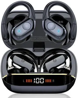 Qecnato Wireless Earbuds Bluetooth 5.4 Headphones 75H Stereo Deep Bass Sports Over Ear Buds with Earhooks, LED Display Bluetooth Earbuds with 4 ENC Mic, IP7 Waterproof Earphone for Running, Black