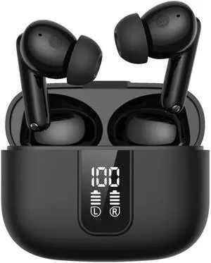 Bluetooth Headphones True Wireless Earbuds Headset LED Power Display 60H Playback IPX5 Waterproof in-Ear Earbuds with Mic for Smart Phone Laptop Computer Sports (Black)