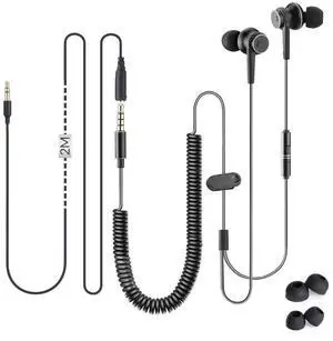 Avantree Long Cord Earbuds for TV & PC, 18ft / 5.5m Extension Cable Earphones with Mic & Extra Long Spring Coil Wire, Metal Stereo in-Ear Wired Bass Headphones for 3.5mm Audio Output Devices - HF027