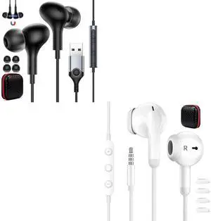 AIAUXAI Wired Earbuds in-Ear Headphones 3.5mm Jack White, Magnetic USB Headphones with Microphone for PC 7.5Ft Cable Noise Isolation HiFi Stereo for Laptop for Notebook Desktop Gaming School Students