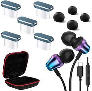 AFGHOA 5 Pack USB C Anti Dust Plug and USB C Headphone Noise Canceling HiFi Stereo Type C Earbuds Wired Earphones