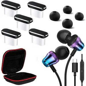 AFGHOA 5 Pack USB C Anti Dust Plug and USB C Headphone Noise Canceling HiFi Stereo Type C Earbuds Wired Earphones