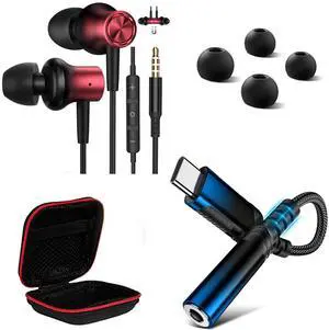 AFGHOA 3.5mm Jack Earbuds Magnetic Wired Earphone and USB C to 3.5mm Adapter