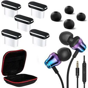 AFGHOA 5 Pack USB C Anti Dust Plug and 3.5mm Jack Earbuds Wired Earphones