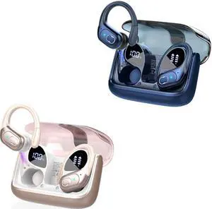 Aptkdoe 2 Sets Wireless Earbuds Sport, Bluetooth 5.4 Over Ear Buds Stereo Deep Bass Over Ear Bud with Earhooks, 75H Wireless Earphones with Mic, IPX7 Waterproof Earphone for Sports Blue+Rose Gold