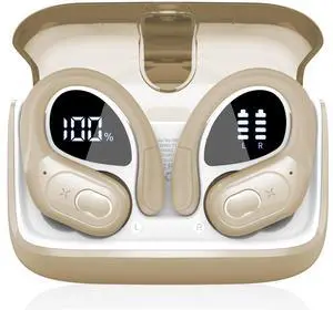Aptkdoe Wireless Earbuds 75hrs Bluetooth 5.4 Headphone Sport, 2025 Bluetooth Earbuds Stereo Deep Bass Over Ear Bud with Earhooks, ENC Noise Cancelling Mic, IPX7 Waterproof Earphone, Khaki