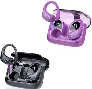 Aptkdoe 2 Sets Wireless Earbuds Sport, Bluetooth 5.4 Over Ear Buds Stereo Deep Bass Over Ear Bud with Earhooks, 75H Wireless Earphones with Mic, IPX7 Waterproof Earphone for Sports Black+Purple