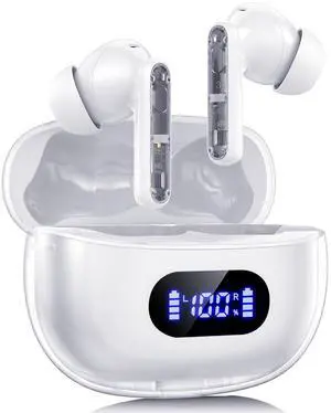 AIMUZIKEER Wireless Earbuds, Bluetooth Earbud & in-Ear Headphones Deep Bass Clear Call, IPX7 Waterproof Ear Buds Wireless Earphones, 30Hrs Playtime Compatible with Samsung TV Phone Android White