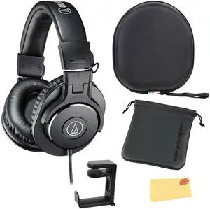 Audio-Technica ATH-M30x Professional Monitor Headphones - Black Bundle with Case, Stand, Pouch, and Austin Bazaar Polishing Cloth