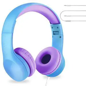 LilGadgets Connect+ Wired Kids Headphones for School with Microphone, Noise & Volume Limiting On-Ear Headset with Cord, SharePort Technology & SoftTouch Padding, Blue/Purple, Kids Headphones with Cord