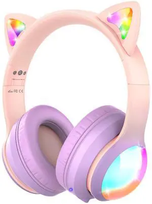 FosPower Kids Bluetooth 5.2 Headphones with LED Cat Ears (85/94dB Volume Limit & 100H Play Time) Foldable Wireless/Wired Headset with 3.5mm Cable for School/Travel - Light Pink/Light Purple
