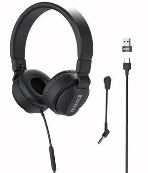 Maxell Wired Headphones with Detachable Boom Mic & Volume Control, Ideal for Classrooms, Offices, & Remote Learning, Reversible, 197304, Compatible with All USB-C Devices