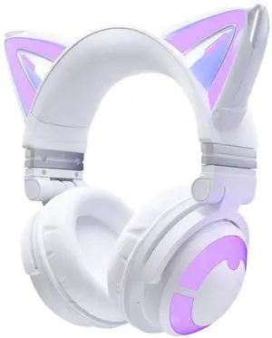 YOWU Cat Ear Headphones CE, Wired/Wireless Headphones with Seamless Live Sound Experience for PC/PE/Switch, Built-in Mic & Customizable RGB Light Effect for Anime Lovers(White)