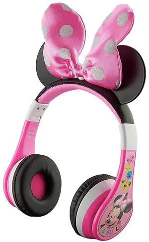 eKids Minnie Mouse Kids Bluetooth Headphones, Wireless with Microphone Includes Aux Cord, Volume Reduced Foldable Headphones for School, Home, or Travel, Pink