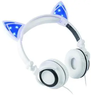 Headphone Over The Ear On The Head Light Up Cat Ear Feline Premium Quality Audio with Super Bass Comfort Padded Ear Cups Foldable 3.5MM Connector (White Cat Headphone)