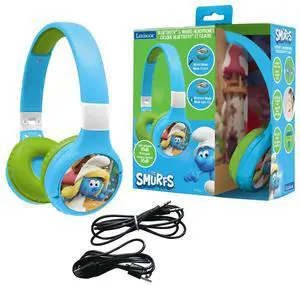 Lexibook, The Smurfs, 2-in-1 Bluetooth & Wired Headphones with Microphone and Control Buttons, Foldable and Adjustable, Long-Lasting Rechargeable Battery, Blue/Green, HPBT010SF