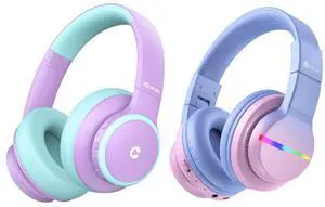 iClever BTH26 Active Noise Cancelling Headphones & BTH12 Gradient Pink Kids Bluetooth Headphones Bundles, Safe Volume, Over Ear for Airplane
