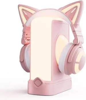 YOWU RGB Cat Ear Headphones CE Pink and Crystal Headphone Stand Pink, Accessories for The Ultimate Experience