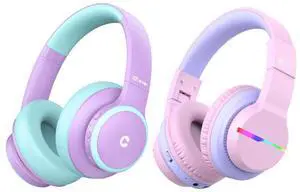 iClever BTH26 Active Noise Cancelling Headphones & BTH12 Pink Kids Bluetooth Headphones Bundles, Safe Volume, Over Ear for Travel