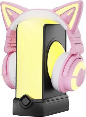 YOWU RGB Cat Ear Headphones CE Pink and Crystal Headphone Stand Black, Accessories for The Ultimate Experience