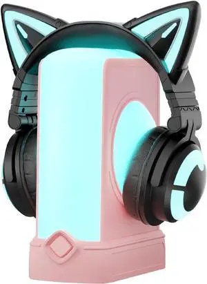 YOWU RGB Cat Ear Headphones CE Black and Crystal Headphone Stand Pink, Accessories for The Ultimate Experience