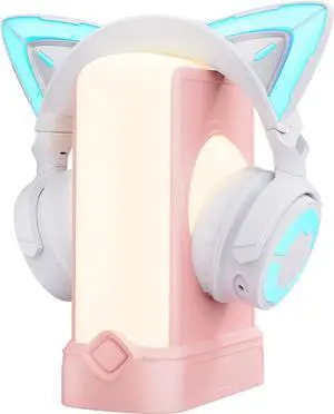 YOWU RGB Cat Ear Headphones CE White and Crystal Headphone Stand Pink, Accessories for The Ultimate Experience