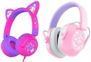 iClever Lollipop Kids Headphones Cat Ear & EM01 Noise Cancelling Headphones for kids