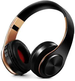 Bluetooth Headset Stereo Sound Computer Headset for Gaming Meetings Chat- Comfortable Over-Ear PC Headphones with Mic/Soft Earmuffs/Foldable/SD/TF 3.5 Jack for Universal Connectivity (black gold)