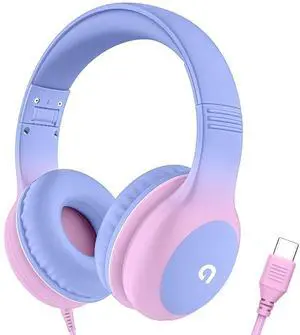 ADOOPE Wired Kids Headphones with USB C Plug, 85dB Volume Limiting Safe Hearing Protection, Adjustable Headband, Tangle-Free Cord Headphones for School, Tablet, Travel(Gradient Purple)