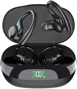 Bluetooth Headphones Wireless Earbuds 45hrs Playtime Wireless Charging Case Digital Display Sports Ear buds with Earhook Premium Deep Bass IPX5 Waterproof Over-Ear Earphones for TV Phone Laptop Black