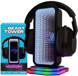 Feastables Beast Tower MrBeast Gaming Headphone Stand | RGB Light Display with Infinity Mirror Effect and Logo | Universal Headset Holder; USB Powered Desk Computer Accessory for Gamers and Streamers