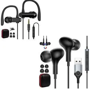 AIAUXAI WiredEarbuds with Microphone and Ear Hook,USB Headphones Earbuds for Computer PC with in-Line Control Noise Cancelling Headset