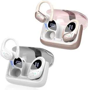 Aptkdoe 2 Sets Wireless Earbuds Sport, Bluetooth 5.4 Over Ear Buds Stereo Deep Bass Over Ear Bud with Earhooks, 75H Wireless Earphones with Mic, IPX7 Waterproof Earphone for Sports Rose Gold+White