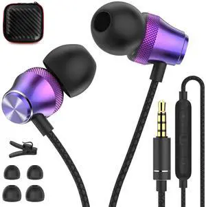 Wired Earbuds with Mic for Laptop PC Chromebook Noise Cancelling Ear Buds with 3.5mm Plug in Audio Jack Corded Headphone for Samsung Galaxy A25 A15 A32 A52 A03s Surface Fire School Travel, Purple