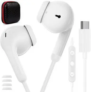 USBC Wired Headphones for iPhone 16e 16 Pro Max Plus 15, USB C Earbuds Corded Mic Case Stereo Semi in Ear Type C Earphones for iPad 11 10 Galaxy S25 Ultra S24 Fe Pixel 9A 9 XL 8, White