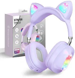 auvstar Bluetooth Noise Cancelling Headphones for Kids,Foldable Cat Headphone with LED Light Up Ear,Cat Ear Headphones for Toddler with Microphone/TF Card,Kids Bluetooth Earphones for ipad(Purple)