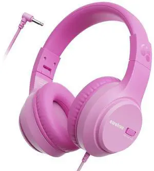 awatrue Kids Headphones with Cord for School, 74/85/94dB Volume Limit, Wired Over-Ear Headphones for Kids Boys Girls, Stereo Sound 3.5mm Jack for Tablet, Kindle, YOTO Player, Airplane Travel, Pink