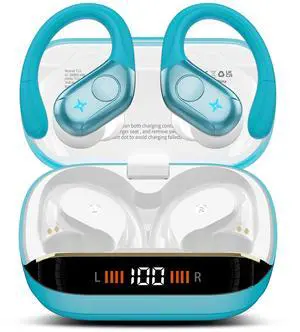 Qecnato Wireless Earbuds Bluetooth 5.4 Headphones 75H Stereo Deep Bass Sports Over Ear Buds with Earhooks, LED Display Bluetooth Earbuds with 4 ENC Mic, IP7 Waterproof Earphone for Running, Blue