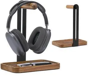 blingwider Headphone Stand For Desk,Desk Headphone Hanger,Headphone Holder For Desk,Wood Headphone Stand,Earphone Holder,Solid Wood,Matte Black