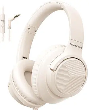 Botesty Sound Headphones Wired with Microphone, Over Ear Foldable 3.5mm Plug in Headphones Corded with 4.9ft Tangle-Free Nylon Cord for Tablet, Laptop, MP3/4, School, Airplane Travel (Beige)