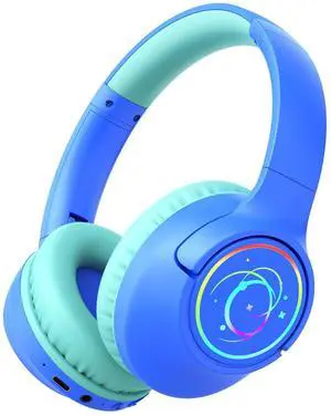 Kids Bluetooth Headphones, 85H Playtime Wireless Headphones for Kids, Colorful LED Lights, 85/94dB Safe Volume Limit, Bluetooth 5.4 Built-in Mic Toddler Headset for Tablet/Airplane/Travel (Blue)