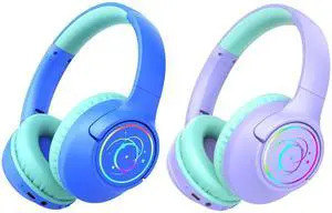 Botesty Sound [Blue + Purple] Kids Bluetooth Headphones, 85H Playtime Wireless Headphones for Kids, Colorful LED Lights, 85/94dB Safe Volume Limit, Bluetooth 5.4 Built-in Mic Toddler Headset