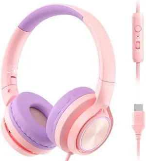 Bywulanda Upgrade USB-C Kid Headphone with Microphone, Safe Volume Limiter 85/94dB, Foldable Over Ear Wired Headphones for Toddlers/Boys/Girls/School/iPad/Laptop/Travel