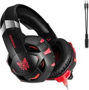 Cdycam Gaming Headset for PS4, PC, Xbox One Controller, Wired Gaming Chat Headphones with 7.1 Surround Sound, Noise-Cancellation Microphone, LED Blue Light Gaming Headset (Red)